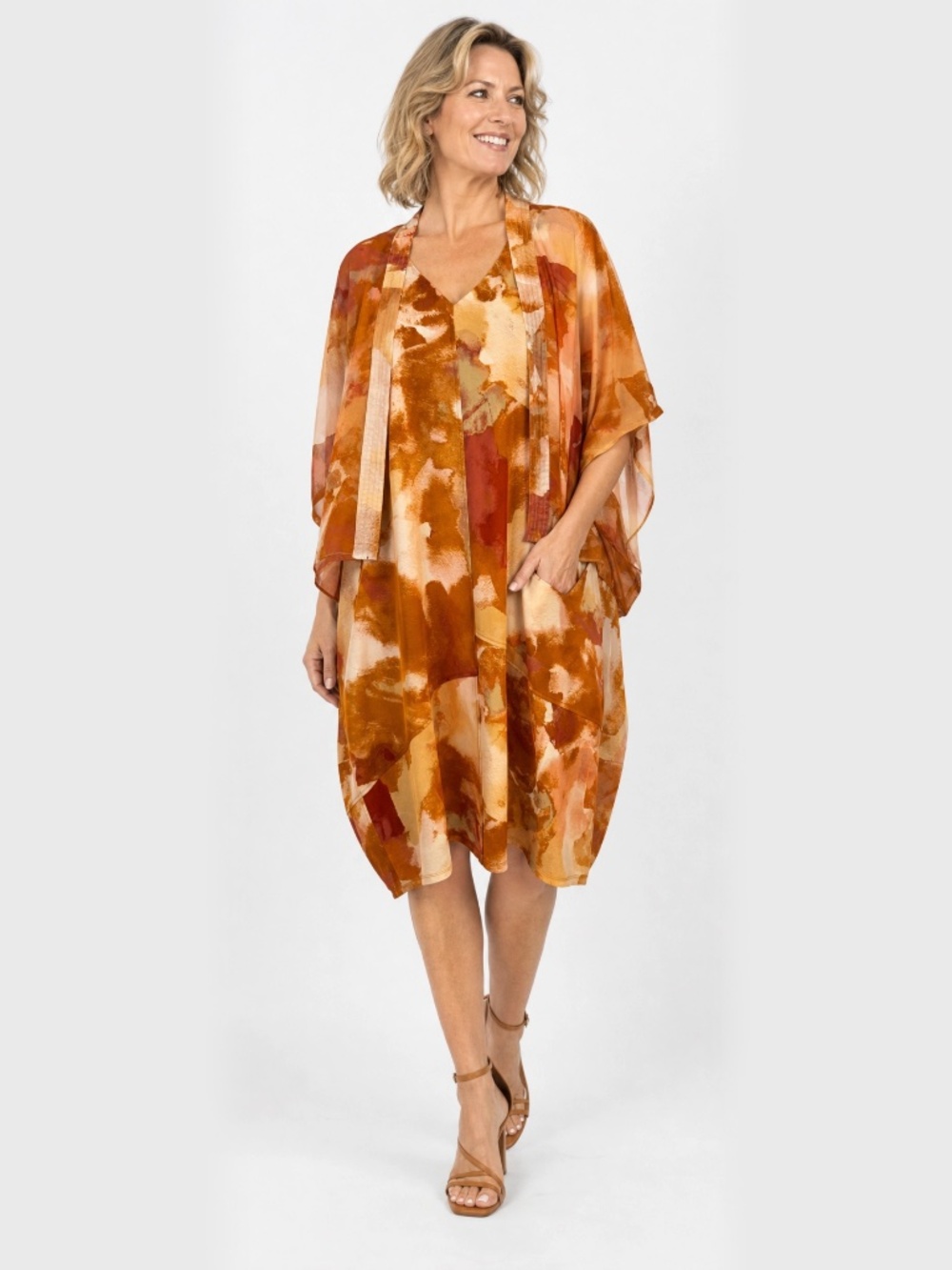 Marla Wynne Art-to-Wear Apricot Peach Abstract Dress & Chiffon Jacket Set M/L